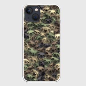 Чехол для iPhone 13 с принтом Камуфляж с ленивцами в Екатеринбурге,  |  | sloth | бездельник | джунгли | животные | ленивец | ленивый | лентяй | лицо | милитари | паттрен | тропики | тропический | хаки