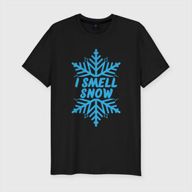 Мужская футболка премиум с принтом Пахнет снегом в Екатеринбурге, 92% хлопок, 8% лайкра | приталенный силуэт, круглый вырез ворота, длина до линии бедра, короткий рукав | 2019 | дед мороз | дом | елка | желание | животные | зима | кабан | милый | мороз | настроение | новый год | пеппа | подарок | позитив | поросенок | праздник | радость | рождество | санта клаус | свинка