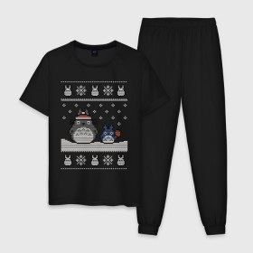 Мужская пижама хлопок с принтом New Year Totoro в Екатеринбурге, 100% хлопок | брюки и футболка прямого кроя, без карманов, на брюках мягкая резинка на поясе и по низу штанин
 | 2019 | дед мороз | дом | елка | желание | животные | зима | кабан | милый | мороз | настроение | новый год | пеппа | подарок | позитив | поросенок | праздник | радость | рождество | санта клаус | свинка