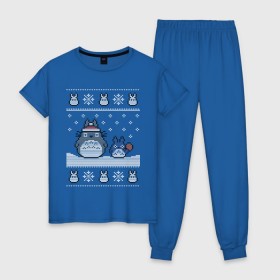 Женская пижама хлопок с принтом New Year Totoro в Екатеринбурге, 100% хлопок | брюки и футболка прямого кроя, без карманов, на брюках мягкая резинка на поясе и по низу штанин | 2019 | дед мороз | дом | елка | желание | животные | зима | кабан | милый | мороз | настроение | новый год | пеппа | подарок | позитив | поросенок | праздник | радость | рождество | санта клаус | свинка