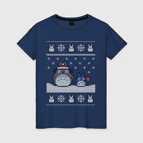 Женская футболка хлопок с принтом New Year Totoro в Екатеринбурге, 100% хлопок | прямой крой, круглый вырез горловины, длина до линии бедер, слегка спущенное плечо | 2019 | дед мороз | дом | елка | желание | животные | зима | кабан | милый | мороз | настроение | новый год | пеппа | подарок | позитив | поросенок | праздник | радость | рождество | санта клаус | свинка
