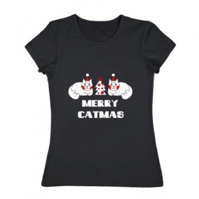 Женская футболка хлопок с принтом Merry Catmas в Екатеринбурге, 100% хлопок | прямой крой, круглый вырез горловины, длина до линии бедер, слегка спущенное плечо | 