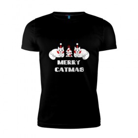 Мужская футболка премиум с принтом Merry Catmas в Екатеринбурге, 92% хлопок, 8% лайкра | приталенный силуэт, круглый вырез ворота, длина до линии бедра, короткий рукав | 