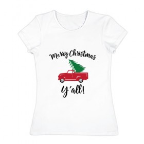 Женская футболка хлопок с принтом Merry Christmas в Екатеринбурге, 100% хлопок | прямой крой, круглый вырез горловины, длина до линии бедер, слегка спущенное плечо | 