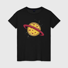 Женская футболка хлопок с принтом Пицца Планета в Екатеринбурге, 100% хлопок | прямой крой, круглый вырез горловины, длина до линии бедер, слегка спущенное плечо | галактика | пицца | планета | планеты | с едой | сатурн