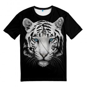 Мужская футболка 3D с принтом Белый тигр в Екатеринбурге, 100% полиэфир | прямой крой, круглый вырез горловины, длина до линии бедер | 