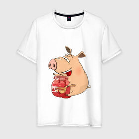 Мужская футболка хлопок с принтом Свинка ест вишневое варенье в Екатеринбурге, 100% хлопок | прямой крой, круглый вырез горловины, длина до линии бедер, слегка спущенное плечо. | Тематика изображения на принте: 2019 | варенье | вишня | ложка | поросенок | пятачок | свин | свинка | свинья | символгода | уши | хвост
