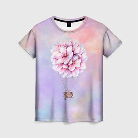 Женская футболка 3D с принтом Нежный Воздушный Шар в Екатеринбурге, 100% полиэфир ( синтетическое хлопкоподобное полотно) | прямой крой, круглый вырез горловины, длина до линии бедер | акварель | гортензия | картина | краски | милый | пастель | розы | цветок | цветы
