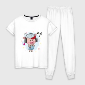 Женская пижама хлопок с принтом Свинка в Екатеринбурге, 100% хлопок | брюки и футболка прямого кроя, без карманов, на брюках мягкая резинка на поясе и по низу штанин | 