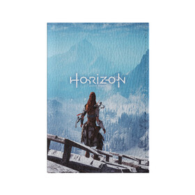 Обложка для паспорта матовая кожа с принтом HORIZON ZERO DAWN в Екатеринбурге, натуральная матовая кожа | размер 19,3 х 13,7 см; прозрачные пластиковые крепления | aloy | game | horizon zero dawn | hunter | machine | mecha | robot | snow | spear | the frozen wilds | weapon | игры | постапокалипсис | роботы | фентези | элой