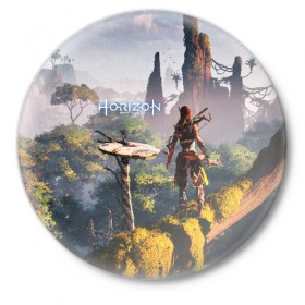 Значок с принтом HORIZON ZERO DAWN в Екатеринбурге,  металл | круглая форма, металлическая застежка в виде булавки | Тематика изображения на принте: aloy | game | horizon zero dawn | hunter | machine | mecha | robot | snow | spear | the frozen wilds | weapon | игры | постапокалипсис | роботы | фентези | элой