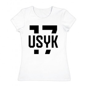 Женская футболка хлопок с принтом USYK 17 в Екатеринбурге, 100% хлопок | прямой крой, круглый вырез горловины, длина до линии бедер, слегка спущенное плечо | Тематика изображения на принте: usyk | wbc | боец | бокс | боксер | украина | усик | чемпион