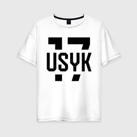 Женская футболка хлопок Oversize с принтом USYK 17 в Екатеринбурге, 100% хлопок | свободный крой, круглый ворот, спущенный рукав, длина до линии бедер
 | Тематика изображения на принте: usyk | wbc | боец | бокс | боксер | украина | усик | чемпион