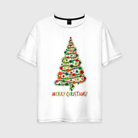 Женская футболка хлопок Oversize с принтом Merry Christmas в Екатеринбурге, 100% хлопок | свободный крой, круглый ворот, спущенный рукав, длина до линии бедер
 | 2019 | дед мороз | дом | елка | желание | животные | зима | кабан | милый | мороз | настроение | новый год | пеппа | подарок | позитив | поросенок | праздник | радость | рождество | санта клаус | свинка