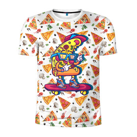 Мужская футболка 3D спортивная с принтом Пицца на скейте в Екатеринбурге, 100% полиэстер с улучшенными характеристиками | приталенный силуэт, круглая горловина, широкие плечи, сужается к линии бедра | Тематика изображения на принте: pizza | грибы | еда | зелень | колбаса | крутаяпицца | кусокпиццы | пицца | пиццерия | скейт | сыр
