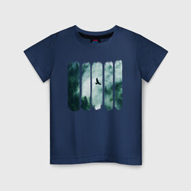 Детская футболка хлопок с принтом Орёл над хвойным лесом в Екатеринбурге, 100% хлопок | круглый вырез горловины, полуприлегающий силуэт, длина до линии бедер | Тематика изображения на принте: лес | орел | природа | туман | хвойный лес