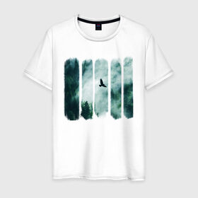 Мужская футболка хлопок с принтом Орёл над хвойным лесом в Екатеринбурге, 100% хлопок | прямой крой, круглый вырез горловины, длина до линии бедер, слегка спущенное плечо. | лес | орел | природа | туман | хвойный лес