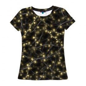 Женская футболка 3D с принтом Новогодняя гирлянда в Екатеринбурге, 100% полиэфир ( синтетическое хлопкоподобное полотно) | прямой крой, круглый вырез горловины, длина до линии бедер | желтый | лампочки | новый год | огни | огоньки | провода | свет | черный | электрогирлянда