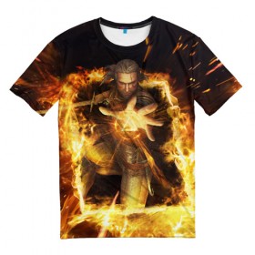 Мужская футболка 3D с принтом Witcher Card Game - Geralt в Екатеринбурге, 100% полиэфир | прямой крой, круглый вырез горловины, длина до линии бедер | Тематика изображения на принте: geralt | the witcher | witcher | ведьмак