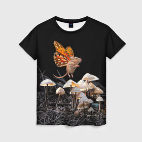 Женская футболка 3D с принтом Hover в Екатеринбурге, 100% полиэфир ( синтетическое хлопкоподобное полотно) | прямой крой, круглый вырез горловины, длина до линии бедер | chipmunk | lisa ericson | бабочка | грибы | мышка | мышь