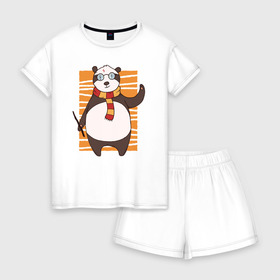 Женская пижама с шортиками хлопок с принтом Панда Поттер в Екатеринбурге, 100% хлопок | футболка прямого кроя, шорты свободные с широкой мягкой резинкой | волшебник | панда | панды | поттер