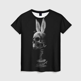 Женская футболка 3D с принтом Зая в Екатеринбурге, 100% полиэфир ( синтетическое хлопкоподобное полотно) | прямой крой, круглый вырез горловины, длина до линии бедер | бабочки | животные | зая | заяц | кости | кролик | череп | черно белый | черное и белое