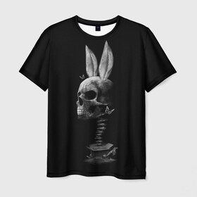 Мужская футболка 3D с принтом Зая в Екатеринбурге, 100% полиэфир | прямой крой, круглый вырез горловины, длина до линии бедер | Тематика изображения на принте: бабочки | животные | зая | заяц | кости | кролик | череп | черно белый | черное и белое