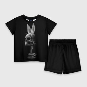 Детский костюм с шортами 3D с принтом Зая в Екатеринбурге,  |  | бабочки | животные | зая | заяц | кости | кролик | череп | черно белый | черное и белое
