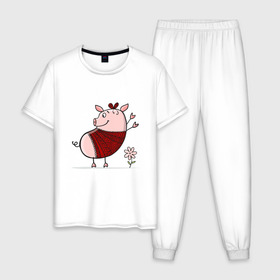Мужская пижама хлопок с принтом Свинка в Екатеринбурге, 100% хлопок | брюки и футболка прямого кроя, без карманов, на брюках мягкая резинка на поясе и по низу штанин
 | 2019 | дед мороз | дом | елка | желание | животные | зима | кабан | милый | мороз | настроение | новый год | пеппа | подарок | позитив | поросенок | праздник | радость | рождество | санта клаус | свинка