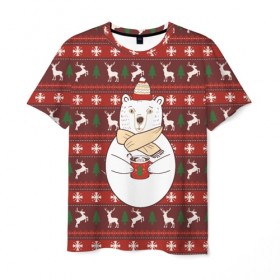 Мужская футболка 3D с принтом Новогодний мишка с кофе в Екатеринбурге, 100% полиэфир | прямой крой, круглый вырез горловины, длина до линии бедер | 2019 | белый | белыймедведь | вязанный | зефирки | зимний | кофе | медведь | мишка | новыйгод | олени | свитерсоленями | шарф