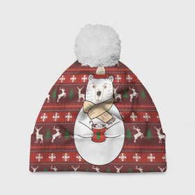 Шапка 3D c помпоном с принтом Новогодний мишка с кофе в Екатеринбурге, 100% полиэстер | универсальный размер, печать по всей поверхности изделия | 2019 | белый | белыймедведь | вязанный | зефирки | зимний | кофе | медведь | мишка | новыйгод | олени | свитерсоленями | шарф