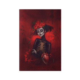 Обложка для паспорта матовая кожа с принтом Девушка с сердцем в Екатеринбурге, натуральная матовая кожа | размер 19,3 х 13,7 см; прозрачные пластиковые крепления | Тематика изображения на принте: calavera | catrina | da de los muertos | illustration | sugar skull | арт | девушка | день мёртвых | калавера | катрина | рисунок | розы | сердце | скелет | череп