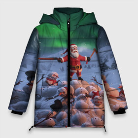 Женская зимняя куртка 3D с принтом Дед мороз и снеговики-зомби в Екатеринбурге, верх — 100% полиэстер; подкладка — 100% полиэстер; утеплитель — 100% полиэстер | длина ниже бедра, силуэт Оверсайз. Есть воротник-стойка, отстегивающийся капюшон и ветрозащитная планка. 

Боковые карманы с листочкой на кнопках и внутренний карман на молнии | claus | santa | апокалипсис | зомби | рождество | ружьё | санта | санта клаус | снег | снеговик | топор