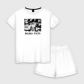 Женская пижама с шортиками хлопок с принтом Kansei dorifto в Екатеринбурге, 100% хлопок | футболка прямого кроя, шорты свободные с широкой мягкой резинкой | anime | art | dorifto | drift | initial d | kansei dorifto | manga | mark 2 | rds | toyota