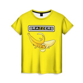 Женская футболка 3D с принтом Brazzers в Екатеринбурге, 100% полиэфир ( синтетическое хлопкоподобное полотно) | прямой крой, круглый вырез горловины, длина до линии бедер | brazzers | банан | бразерс | логотип | надпись | прикол | юмор