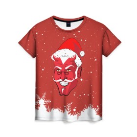 Женская футболка 3D с принтом Сатана Санта в Екатеринбурге, 100% полиэфир ( синтетическое хлопкоподобное полотно) | прямой крой, круглый вырез горловины, длина до линии бедер | 2019 |  снег | агрессивный санта | дед мороз | демон | дьявол | злой санта | злость | новогодний | новый год | новый год 2019 | опасность | санта | сантасатана | сатана | снежинки