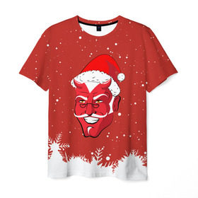Мужская футболка 3D с принтом Сатана Санта в Екатеринбурге, 100% полиэфир | прямой крой, круглый вырез горловины, длина до линии бедер | 2019 |  снег | агрессивный санта | дед мороз | демон | дьявол | злой санта | злость | новогодний | новый год | новый год 2019 | опасность | санта | сантасатана | сатана | снежинки