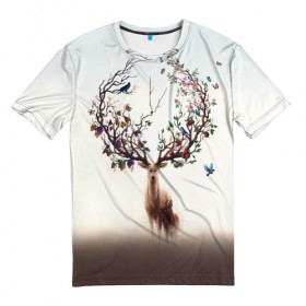 Мужская футболка 3D с принтом Олень с ветвями вместо рог в Екатеринбурге, 100% полиэфир | прямой крой, круглый вырез горловины, длина до линии бедер | бабочка | волшебство | деревья | лес | листья | оленёнок | природа | птица | сказка | фрукты | цветы