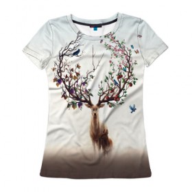 Женская футболка 3D с принтом Олень с ветвями вместо рог в Екатеринбурге, 100% полиэфир ( синтетическое хлопкоподобное полотно) | прямой крой, круглый вырез горловины, длина до линии бедер | бабочка | волшебство | деревья | лес | листья | оленёнок | природа | птица | сказка | фрукты | цветы