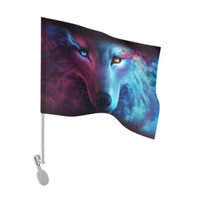 Флаг для автомобиля с принтом NEON WOLF | НЕОНОВЫЙ ВОЛК в Екатеринбурге, 100% полиэстер | Размер: 30*21 см | hunter | wild | wolf | волк | животные | звери | охотник
