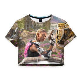Женская футболка 3D укороченная с принтом Far Cry New Dawn в Екатеринбурге, 100% полиэстер | круглая горловина, длина футболки до линии талии, рукава с отворотами | 