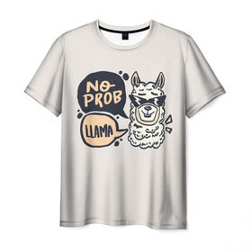 Мужская футболка 3D с принтом No prob LLama в Екатеринбурге, 100% полиэфир | прямой крой, круглый вырез горловины, длина до линии бедер | glama | lama | анд | горы | дикое | домашнее | животное | индейци | лама | мех | шерсть