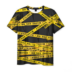 Мужская футболка 3D с принтом Улика - не трогать в Екатеринбурге, 100% полиэфир | прямой крой, круглый вырез горловины, длина до линии бедер | art | black | dark | evidence | fashion | graffiti | paint | stripes | texture | underground | yellow | желтый | краска | лента | опечатано | преступление | улика | черный