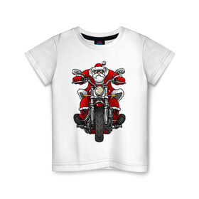 Детская футболка хлопок с принтом Санта на байке в Екатеринбурге, 100% хлопок | круглый вырез горловины, полуприлегающий силуэт, длина до линии бедер | art | new year | santa | арт | байк | байкер | дед мороз | мороз | мотоцикл | на бацке | новогодний | новый год | рисунок | санта клаус