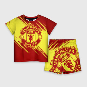 Детский костюм с шортами 3D с принтом Манчестер Юнайтед в Екатеринбурге,  |  | manchester | manchester united | mufc | red devils | клубная | красные дьяволы | манчестер | манчестер юнайтед | фанатская | футбольная | футбольный клуб | юнайтед
