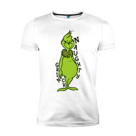 Мужская футболка премиум с принтом Naughty Grinch в Екатеринбурге, 92% хлопок, 8% лайкра | приталенный силуэт, круглый вырез ворота, длина до линии бедра, короткий рукав | Тематика изображения на принте: grinch | гринч | новый год | рождество