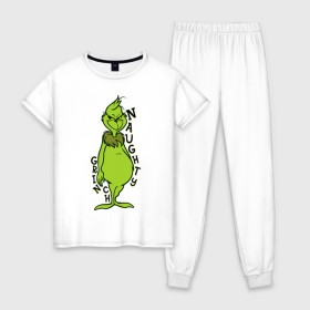 Женская пижама хлопок с принтом Naughty Grinch в Екатеринбурге, 100% хлопок | брюки и футболка прямого кроя, без карманов, на брюках мягкая резинка на поясе и по низу штанин | grinch | гринч | новый год | рождество