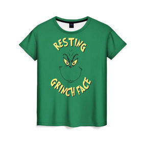 Женская футболка 3D с принтом Resting Grinch Face в Екатеринбурге, 100% полиэфир ( синтетическое хлопкоподобное полотно) | прямой крой, круглый вырез горловины, длина до линии бедер | Тематика изображения на принте: grinch | гринч | новый год | рождество