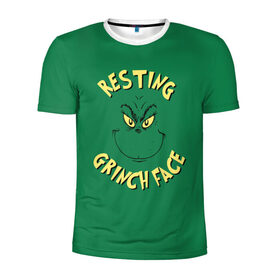 Мужская футболка 3D спортивная с принтом Resting Grinch Face в Екатеринбурге, 100% полиэстер с улучшенными характеристиками | приталенный силуэт, круглая горловина, широкие плечи, сужается к линии бедра | Тематика изображения на принте: grinch | гринч | новый год | рождество