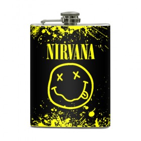 Фляга с принтом Nirvana в Екатеринбурге, металлический корпус | емкость 0,22 л, размер 125 х 94 мм. Виниловая наклейка запечатывается полностью | grunge | kurt cobain | nirvana | группы | курт кобейн | музыка | нирвана | рок | смайл | смайлик